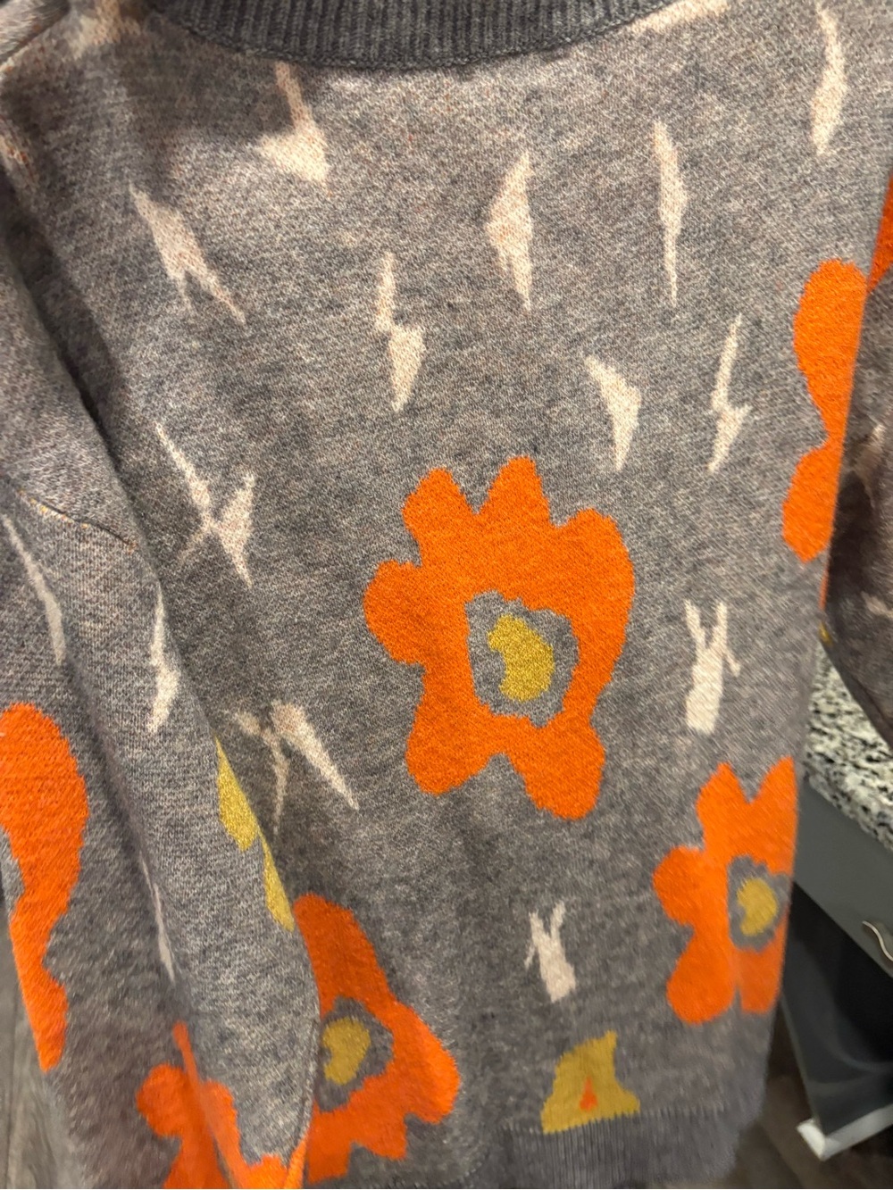 Floral V-Neck Cardigan Sweater - Gray with Orange & Yellow Blooms - Picture 5 of 6